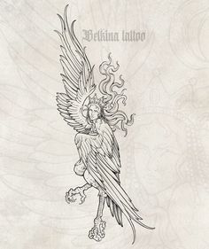 a drawing of a bird with an angel on it's back and the words beluna tattoo above it