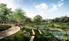 an artist's rendering of a park with people sitting on the grass near a pond