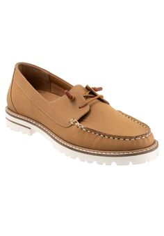 This Farah loafer has a unique upper stitching for a trendy design with a lace-up detail and a lugged sole for a comfortable everyday wear.Leather UpperLeather LiningRubber OutsoleSueded Microfiber Footbed1 1/4" Heel heightLoafer available in sizes N 7-11 M 5-11, 12 W 6-11, 12 | Wide Width Women's Farah Loafer by Trotters in Tan Nubuck (Size 9 W) Wedge Dress Shoes, Womens Boat Shoes, Boat Shoe, Wide Calf Boots, Comfortable Flats, Wide Boots, Suede Loafers, Calf Boots, Wedge Boots