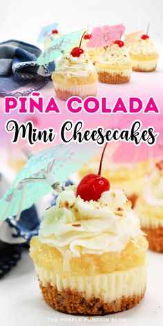 pina colada mini cheesecakes with white frosting and a cherry on top