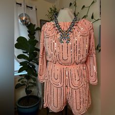 Main Strip, Rose Gold Beaded Romper, Pink Sequins, Beads, Romper, Elastic Waistband, Women’s Size Large, Nwt Sold Out Design! Purchased From A Boutique, Never Worn. You Need This Romper In Your Closet For Your Next Special Night Out! Stand Out In This Gorgeous Romper At Your Next Event! Romper, Shorts, Long Sleeve, Pink, Light Pink, Peach, Stretchy, Sparkles, Sparkling, New With Tags, Brand New, Perfect Condition, Size Large, L *Please See Pictures For Approximate Measurements. Please Note These Elegant Summer Festive Jumpsuits And Rompers, Fitted Jumpsuits And Rompers For Festive Summer, Fitted Jumpsuits And Rompers For Summer Festivals, Summer Festive Sequined Jumpsuits And Rompers, Pink Sequin Romper, Hot Pink Jumpsuits, Gold Romper, Fringe Romper, Nfr Fashion