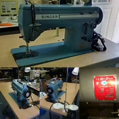 an old sewing machine sitting on top of a wooden table next to a sign that says singer