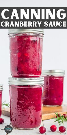 cranberry sauce in mason jars with text overlay