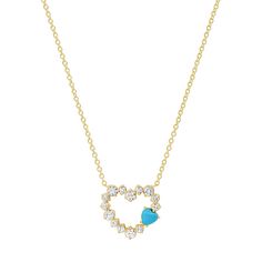 Jennifer Meyer | Diamond Open Heart Necklace with Heart-Cut Turquoise Cabochon Accent Fine Jewelry Diamond Heart Necklace With Gemstone, Diamond Heart Necklace With Gemstone, Heart-shaped Diamond Necklace With Gemstone, Diamond Heart Pendant Necklace With Gemstone, Open Heart Necklace, Turquoise Accents, Heart Motif, Turquoise Heart, Jennifer Meyer