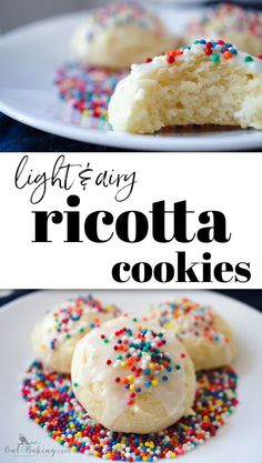 light and airy ricotta cookies with colorful sprinkles on white plates