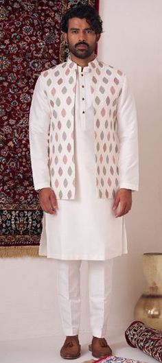 White and Off White color Kurta Pyjama with Jacket in Silk fabric with Embroidered, Thread work White Nehru Jacket With Resham Embroidery, White Cotton Nehru Jacket With Zari Work, White Cotton Sherwani With Cutdana, White Cotton Nehru Jacket For Festive Occasions, Festive White Cotton Nehru Jacket, White Sherwani With Printed Motifs, Straight Kurta, White Nehru Jacket With Dupatta For Eid, Cotton Sherwani With Printed Motifs For Wedding, Cotton Nehru Jacket With Multicolor Embroidery And Zari Work