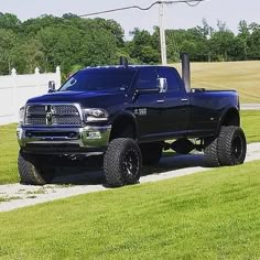 a large black truck parked on top of a lush green field