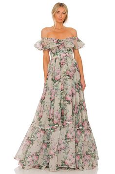 There’s nothing we love more than when brides sprinkle a bit of floral magic all over their big day, including on themselves. Female Friendship, Ruffle Wrap Dress, Mint Dress, Floral Wedding Dress, Green Gown, Off Shoulder Fashion