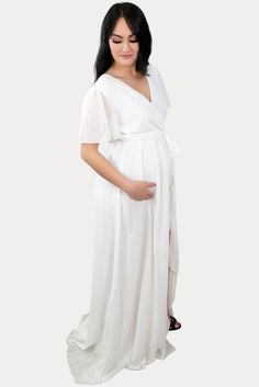 White Maternity Maxi Dress, White Maxi Length Maternity Dress, White Ruffled Maternity Dress, White V-neck Maxi Dress For Maternity, White Long Sleeve Maternity Maxi Dress, Maxi Maternity Dress, Months Of Pregnancy, White V-neck Maternity Maxi Dress, Flowing Sleeves