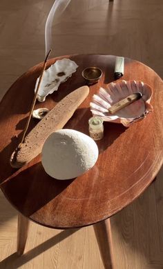 a wooden table topped with different types of food