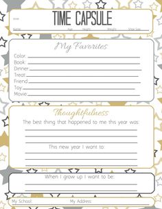 a printable time capsule for the new year's resolution, with gold stars on it