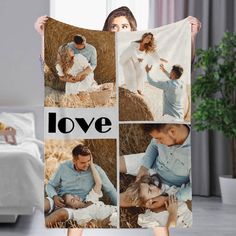 a woman holding up a blanket with four photos of her family and the word love printed on it