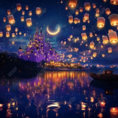 a castle with many lanterns floating in the sky above it and a boat on the water