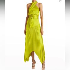 Dixon Halter Pleated Charmeuse Dress Worn By Bachelorette Rachel Recchia New With Original Tags Still Attached Citrine Green Color Size 10 Cross Halter Neck Satin Material Button Closure On Neck Zipper Closure On Body Extra Button Attached If Needed Belt Attached To Dress And Can Be Tied Any Way Desired Fitted Yellow Pleated Midi Dress, Elegant Yellow Pleated Maxi Dress, Yellow Silk Evening Maxi Dress, Yellow Halter Neck Maxi Dress For Evening, Yellow Halter Neck Dress For Date Night, Yellow Pleated Dress For Cocktail, Yellow Pleated Dress For Cocktail Occasions, Elegant Yellow Pleated Midi Dress, Yellow Silk Maxi Dress For Party