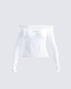 An angel on earth 😇 Turn on the charm, and bless them with your presence in this off-the-shoulder, white slub knit sheer top featuring a ruched bust and extended long sleeves 🕊 Chic Long Sleeve Ruched Off-shoulder Top, Chic Ruched Off-shoulder Long Sleeve Top, White Off-shoulder Top For Party, Stretch Ruched Off-shoulder Blouse, Ruched Stretch Off-shoulder Blouse, White Fitted Off-shoulder Top For Party, Fitted White Off-shoulder Top For Party, Elegant White Off-shoulder Top For Fall, White Stretch Long Sleeve Top