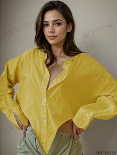 Poprose - Oversized Long Sleeve Button Front Blouse Oversized Plain Blouse For Spring, Oversized Tops For Daywear, Oversized Button Blouse For Spring, Yellow Oversized Long Sleeve Blouse, Daywear Solid Color Button-up Tops, Button-up Solid Color Tops For Daywear, Button-up Tops In Solid Color For Daywear, Solid Color Button-up Tops For Daywear, Oversized Solid Color Button-up Top