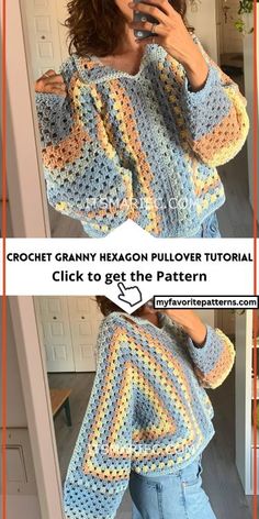 the crochet granny hexagon pullover sweater is shown in two different colors