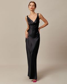 The Black Cowl Neck Sheath Satin Maxi Dress & Reviews - Black - Dresses | RIHOAS Terrence Loves You, Costume Noir, Tailored Clothes, Black Silk Dress, Stylish Women Fashion, Black Satin Dress, Black Bridesmaid Dresses, Cowl Neck Dress, Satin Maxi