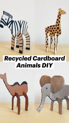 four different types of wooden animals are shown in three separate pictures, one is zebra and the other is giraffe