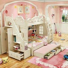 a child's bedroom with a bunk bed, stairs and storage drawers for toys