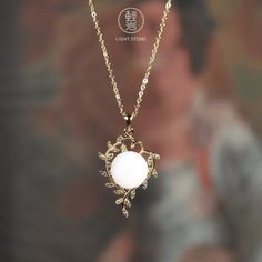 Leaf - White Jade Necklace -Chinese Artisan Jewelry| LIGHT STONE Pearl White Necklace With Chain For Gifts, Elegant White Pendant Crystal Necklace, White Round Necklace With Adjustable Chain, White Chain Necklace With Round Pendant And Adjustable Chain, Elegant White Crystal Pendant Necklace, White Necklace With Delicate Chain, White Delicate Chain Necklace, White Pearl Necklace With Chain, White Chain Necklace With Round Pendant For Gift