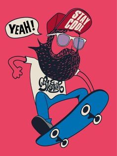 a skateboarder wearing sunglasses and a hat with the words yeah cool on it