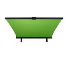 a green and black table with two legs on each side, in front of a white background