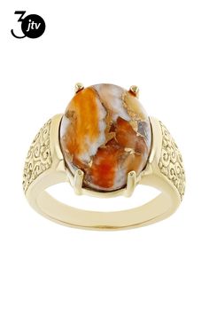 16x12mm Oval Spiny Oyster Shell 18k Yellow Gold Over Sterling Silver Ring. Measures Approximately 0.87"L x 0.62"W. Not Sizeable. Spiny Oyster, Oyster Shell, Sterling Silver Ring, Silver Ring, Yellow Gold, Sterling Silver, Orange, Ring, Yellow