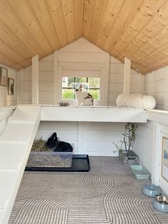 two cats sitting on top of a bed in a room with white walls and wood ceiling