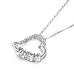 This sterling silver necklace's pendant, a hollow out heart clasp design, delicately crafted from pure silver. It's a beautiful symbol of love, friendship, and family. The hollow out heart clasp pendant allows you to customize the necklace by adding rings inscribed with the names of your loved ones. Each circle is a reminder of the special bond you share with each family member, a tangible expression of your love and appreciation. As you wear the heart necklace with your family name customized, Silver Sterling Silver Heart Necklace, Anniversary Necklace With Sterling Silver Clasp And Round Pendant, Personalized Sterling Silver Heart Necklace With Round Pendant, Personalized Sterling Silver Heart Necklace, Silver Engraved Open Heart Charm Necklace, Silver Open Heart Engraved Charm Necklace, Silver Double Heart Engraved Necklaces, Silver Open Heart Necklace, White Gold Sterling Silver Heart Pendant Necklace