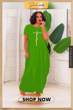 Summer Casual Letter Print Round Neck Pockets Short Sleeve Large Hem Loose Women Clothes Long Dress Green Non-stretch Short Sleeve Maxi Dress, Green Non-stretch Maxi Dress With Short Sleeves, Dresses By Length, Women Clothes, Shorts With Pockets, 1 Million, Letter Print, Women's Fashion Dresses, Summer Casual