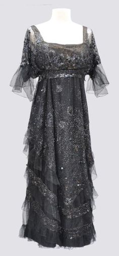 Evening Dress short sleeve black sequined tulle. ca 1915. Worth Fashion Garments, Jeanne Lanvin