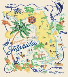 an illustrated map of florida with palm trees and other tropical things on it's side