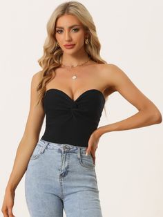 Shop Allegra K for twist knot front knit strapless sleeveless cropped top you are looking for, get more women's tanks & camis for yourelf. Order now! Free Returns! Chelsea Boots Women, Twist Knot, Black Velvet Dress, Tweed Dress, Denim Midi Skirt, Sleeveless Crop Top, Women Skirts Midi, Cami Tanks, Cropped Top