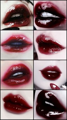 gloss makeup, red gloss, makeup lips, red lipstick Vampire Red Lipstick, Vampire Core Makeup, Makeup For Red Lips, Goth Lip Makeup, Dark Red Makeup Looks, Vampire Inspired Makeup, Red Goth Makeup, Vampire Lipstick, Dark Red Makeup