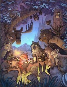 an image of animals in the woods at night