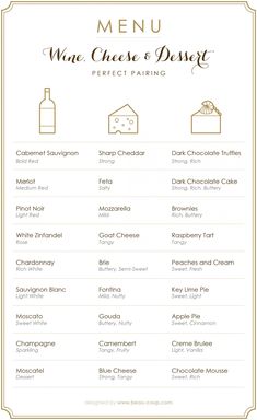 the menu for wine cheese and dessert