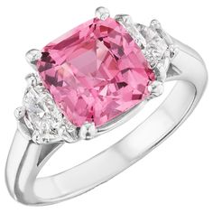 GIA Certified 3.95 Carat Natural (No Heat) Pink Sapphire Ring. Center sapphire is cushion cut. Two side half-moon-shaped diamonds totaling 0.64 carat; clarity VVS2-VS1, color H-I. Ring and mounting in Platinum. Luxury Jewelry Rings, Pink Saphire, Rings Cartier, Vintage Cocktail Rings, Pink Jewels, Vintage Cocktail Ring, Pink Diamonds, Expensive Jewelry Luxury, Pink Sapphire Ring