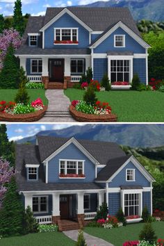 two pictures of a blue house with white trim and flowers in the front, and on the back