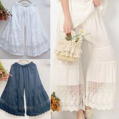 Lady Lace Cotton Splicing Flared Trousers Wide Leg Pants Ankle Length Summer | eBay White Lace Trim Summer Bottoms, Wide Leg Cotton Bottoms With Lace Trim, Vintage White Lace Bottoms, White Wide Leg Bottoms With Lace Trim, Cotton Wide-leg Bottoms With Lace Trim, Trousers Wide Leg, Flared Trousers, Vintage Sewing Patterns, Ankle Length