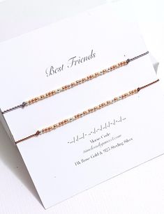 Your best friend gift is sure to be unique with this set of 2 adjustable Morse Code bracelets, which will come in the sterling silver AND 14k rose gold bead color combination shown in the photos.   However YOU get to pick what color of thread and personalization you would like the morse code pieces to say!   (These bracelets will come in an adjustable size to fit all ages.) Looking for more colors?  Click this link to see more. ------>> www.timelesselegance3.etsy.com ) <--------  See below for d Morse Code Words, Code Bracelets, Morse Code Necklace, Distance Friendship, Long Distance Friendship, Best Friend Bracelets, Maid Of Honor Gift, Rose Gold Beads, Morse Code Bracelet