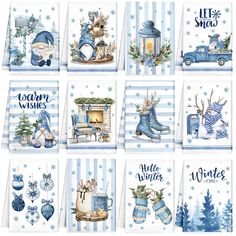 twelve christmas cards with blue and white designs