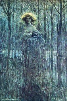 a painting of a woman standing in the woods