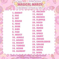 a pink and white poster with the words magic march written in it's center