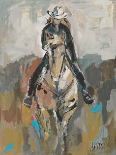 a painting of a person riding a horse with a hat on it's head