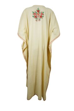 Womens Kaftan Maxi Dress Yellow Embroidered Kaftan L-2XL Kaftans make great gifts and are super cute for a destination beach wedding or as a boho dress for the rehearsal dinner.These feminine, flowy, beautiful, long, colorful maxi dresses are wonderful coverups or day dresses. One size that fits all, caftans are great as hostess dresses, resort wear. Kashmiri Crewel traditional hand embroideredCotton Fabric Relaxed fit, multiple uses.Measurement : Length : 54" chest : 54 inch, One size fits L/XL Festive Embroidered V-neck Thobe, Bohemian Embroidered Dress With Zari Work, Traditional Floral Embroidered Dress For Vacation, Festive Tunic Kurta For Vacation, Bohemian Beige Kurta With Chikankari Embroidery, Traditional Festive Embroidered Beach Dress, Traditional Beach Festive Embroidered Dress, Traditional Kaftan For Festive Vacation, Traditional Festive Kaftan For Vacation