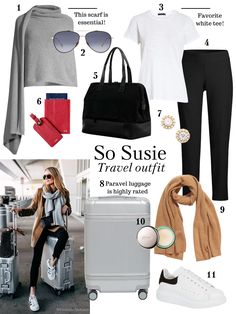 travel outfit guide for women in white, grey and black