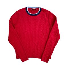 Tommy Hilfiger Women's Vintage Red Cable Knit Red Crew Pullover Sweater Size: Large Color: Red Details: Gently Pre-owned. No Flaws.  In excellent condition.  Chest (armpit to armpit): 19" Length (top to bottom): 24" Shipping: United States- $9 USPS First Class Mail United States- $38 USPS 1-2 Day Express Shipping Canada- $25 USPS First Class Other Countries- $36 USPS First Class International ALL Buyers: Must Pay By: PayPal (we can only ship to the address on the payment) Red Crew Neck Sweater With Ribbed Cuffs, Red Knit Tops With Ribbed Cuffs, Classic Red Crew Neck Sweater, Classic Red Sweater With Ribbed Collar, Red Cable Knit Crew Neck Sweater, Red Cable Knit Tops, Red Cable Knit Crew Neck Top, Red Details, Tommy Hilfiger Women