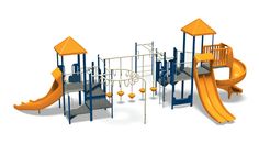 a children's play set with yellow and blue slides, swings and climbing bars