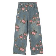 Blue floral denim pants with a beautiful rose print. The wide-leg silhouette and relaxed fit bring out a soft, cottagecore charm Size: • S: Waist: 70cm/ 27.6 in, Length: 105cm/ 41.3 in, Hips: 100cm/ 39.4 in• M: Waist: 74cm/ 29.1 in, Length: 107cm/ 42.1 in, Hips: 104cm/ 40.9 in• L: Waist: 78cm/ 30.7 in, Length: 109cm/ 42.9 in, Hips: 108cm/ 41.5 in• XL: Waist: 82cm/ 32.3 in, Length: 110cm/ 43.3 in, Hips: 112cm/ 44.1 inMaterial: Denim Blue Floral Print Wide Leg Jeans, Floral Print Wide Leg Jeans With Relaxed Fit, Wide Leg Denim Pants With Floral Print, Floral Print Wide Leg Relaxed Fit Jeans, Casual Floral Print Straight Leg Jeans, Relaxed Fit Wide Leg Jeans With Floral Print, Relaxed Fit Wide Leg Floral Print Jeans, Casual Straight Leg Floral Print Jeans, Spring Floral Print Relaxed Fit Jeans